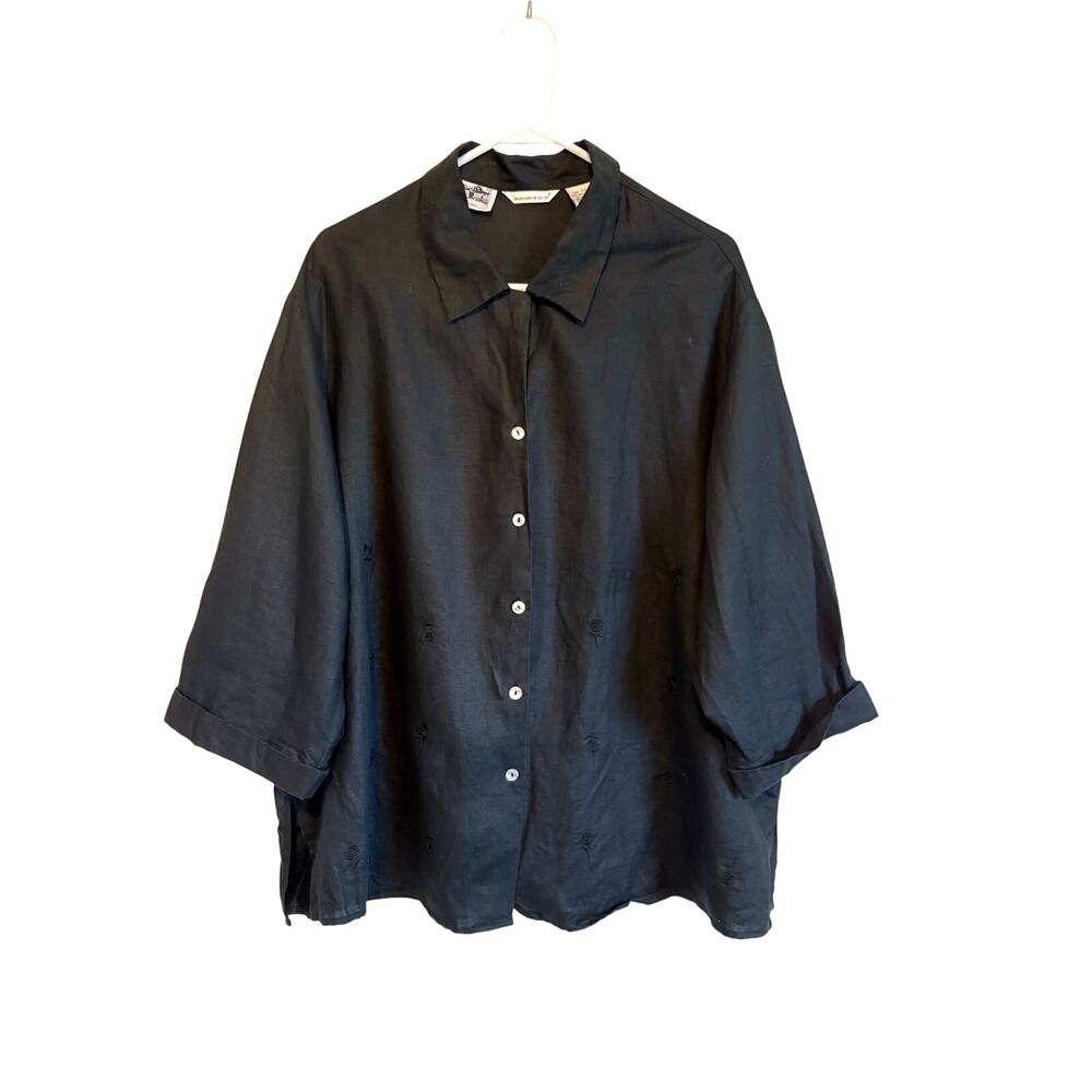 VTG Malcolm & Co Irish Linen Black Button Up Shirt Embroidered 2X Dark Resort